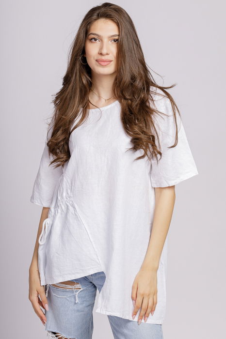 Bluza alba din in, asimetrica, cu siret lateral