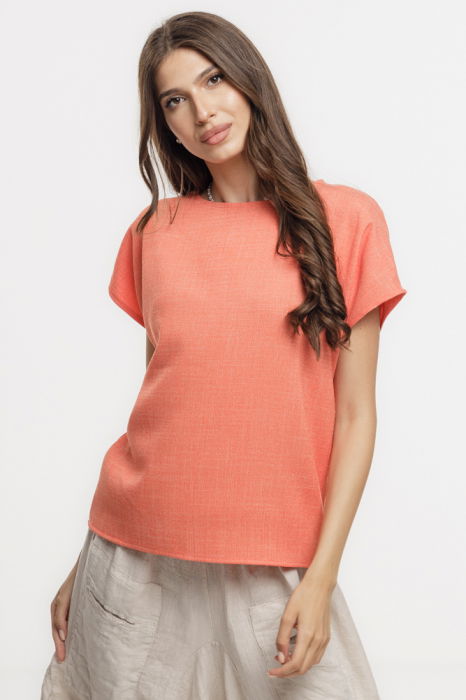 Bluza corai lejera din vascoza cu in, melanjata, cu maneca cazuta scurta [2]