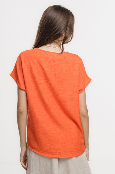 Bluza corai lejera din vascoza cu in, usor creponata, cu maneca cazuta scurta [3]