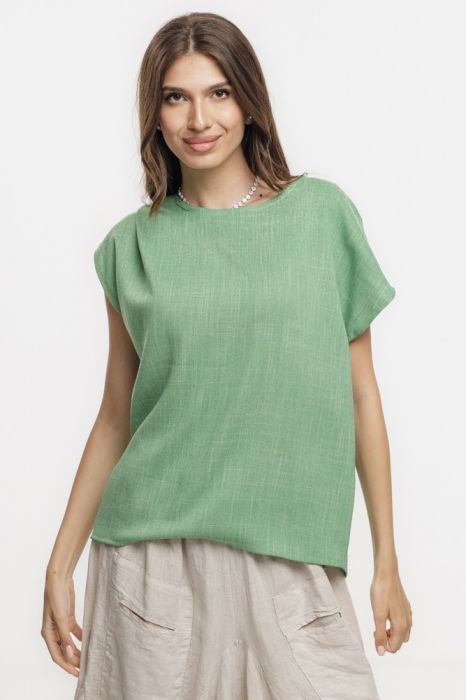 Bluza verde lejera din vascoza cu in, melanjata, cu maneca cazuta scurta [1]