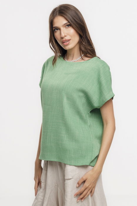 Bluza verde lejera din vascoza cu in, melanjata, cu maneca cazuta scurta [3]