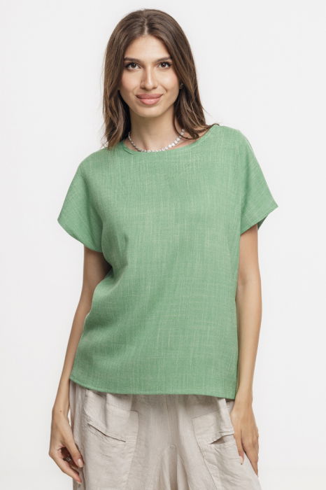 Bluza verde lejera din vascoza cu in, melanjata, cu maneca cazuta scurta [2]