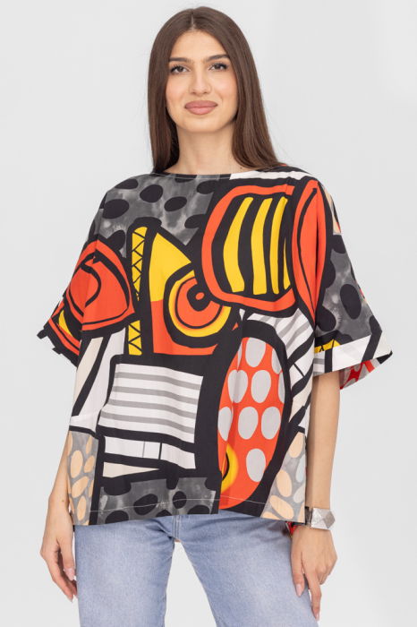 Bluza lalea oversize din poplin satinat de bumbac cu imprimeu geometric multicolor [2]