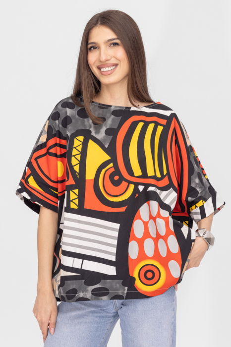 Bluza lalea oversize din poplin satinat de bumbac cu imprimeu geometric multicolor [1]