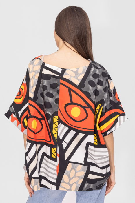 Bluza lalea oversize din poplin satinat de bumbac cu imprimeu geometric multicolor [3]