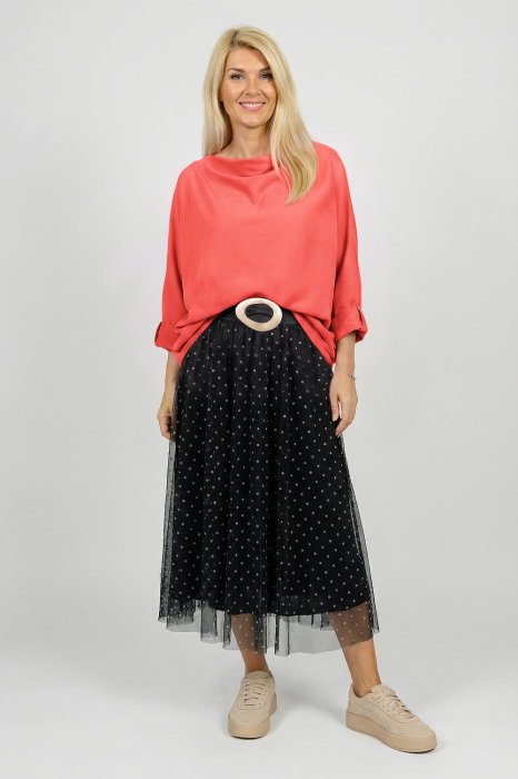 Bluza cu colt, din bumbac, cu guler amplu si croi asimetric, corai