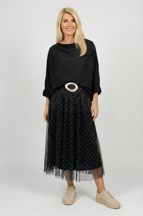 Bluza cu colt, din bumbac, cu guler amplu si croi asimetric, negru