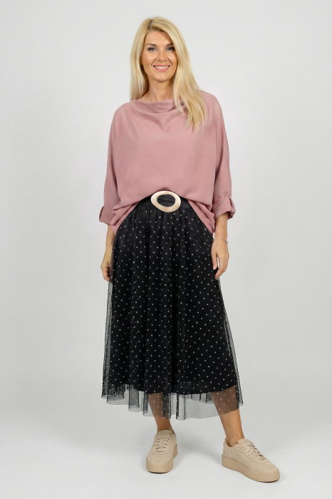 Bluza cu colt, din bumbac, cu guler amplu si croi asimetric, negru