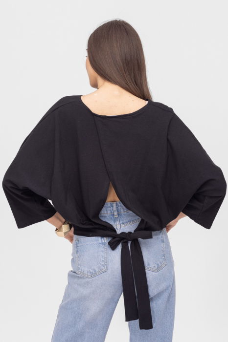 Bluza cu spate petrecut, si maneca fluture, din tricot de bumbac, neagra [2]