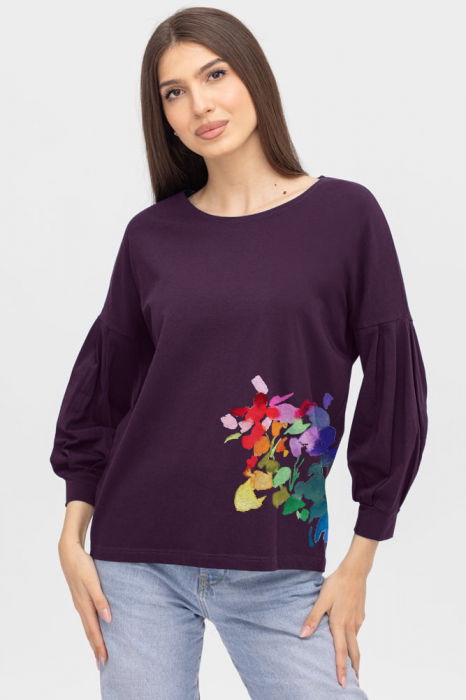 Bluza cu maneca bufanta din tricot de bumbac, cu imprimeu, mov inchis [1]