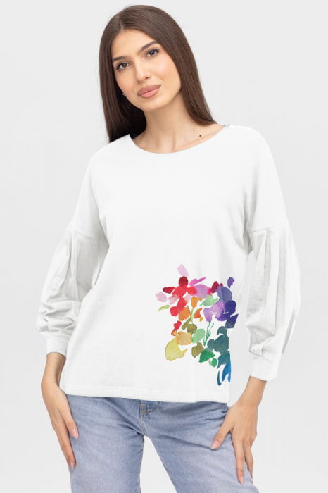 Bluza cu maneca bufanta din tricot de bumbac, cu imprimeu, alba [1]