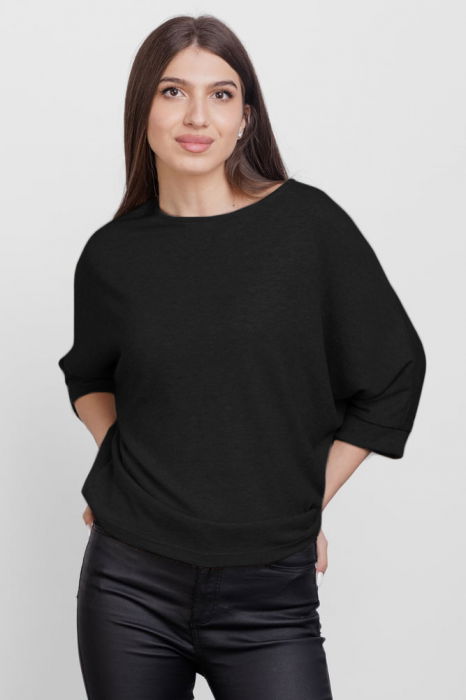 Bluza cu maneca fluture, din jerseu de vascoza, neagra [1]