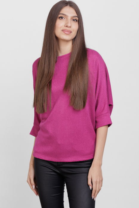 Bluza cu maneca fluture, din jerseu embosat de vascoza, magenta [2]