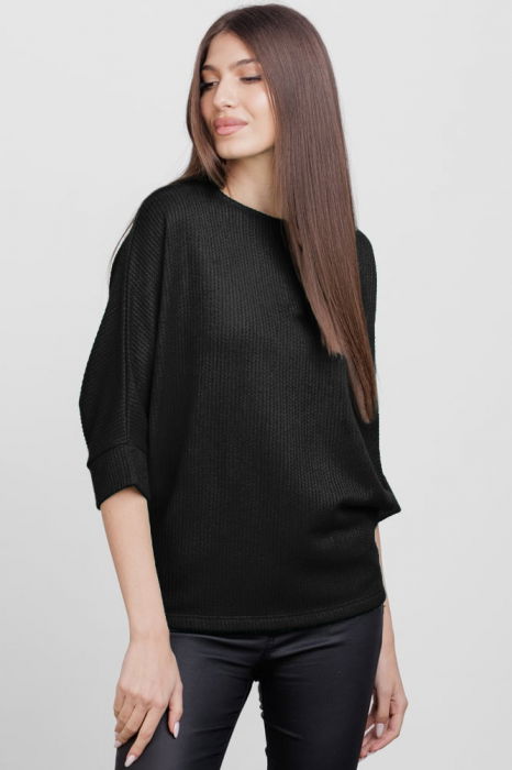 Bluza cu maneca fluture, din jerseu embosat de vascoza, neagra [2]