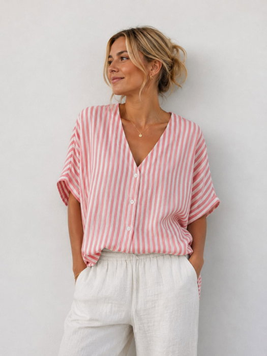 Bluza cu maneca fluture, nasturi in fata si dungi fine alb - roz