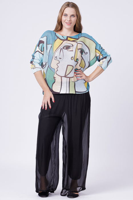 Bluza tricotaj subtire cu imprimeu stil Picasso pe fond turcoaz [3]