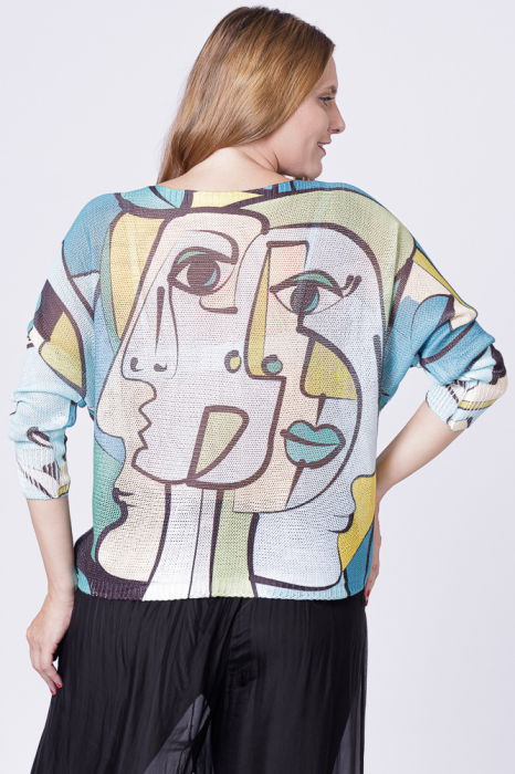 Bluza tricotaj subtire cu imprimeu stil Picasso pe fond turcoaz [2]