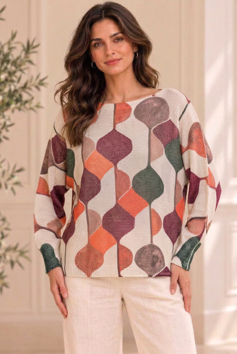 Bluza cu maneca fluture si imprimeu geometric abstract, bordo bej portocaliu — Colecție Damă, Bluze