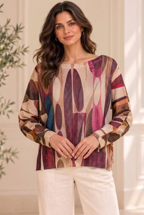 Bluza cu maneca fluture si imprimeuimprimeu artistic, nuante bordo bej — Colecție Damă, Bluze