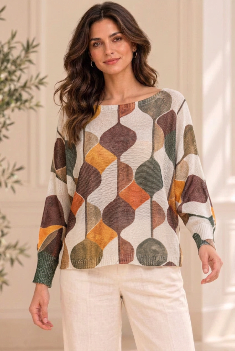 Bluza cu maneca fluture si imprimeu geometric abstract, bej — Colecție Damă, Bluze