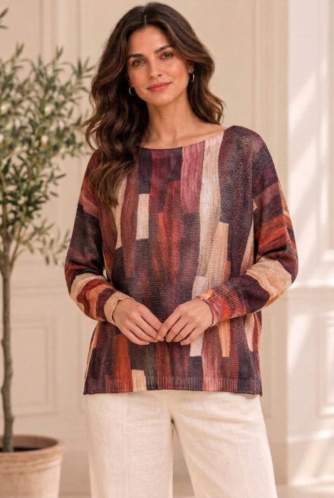 Bluza cu maneca fluture si imprimeu pictural pensulat, nuante de maro