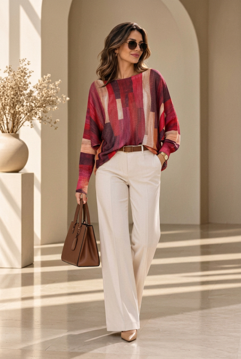 Bluza cu maneca fluture si imprimeu pictural pensulat, magenta — Colecție Damă, Bluze