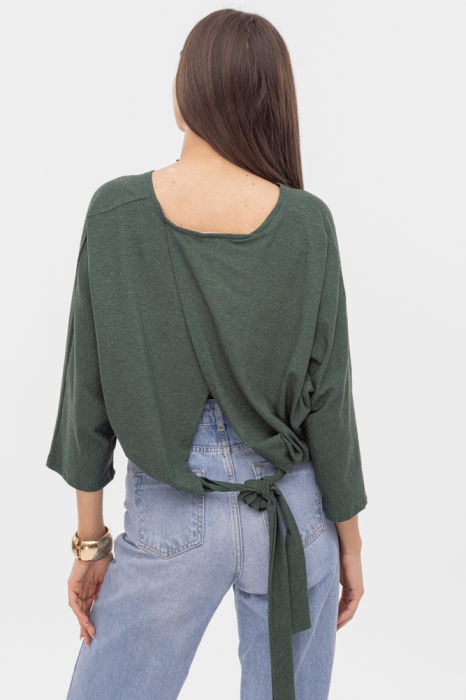 Bluza cu spate petrecut, si maneca fluture, din tricot de bumbac, kaki [3]