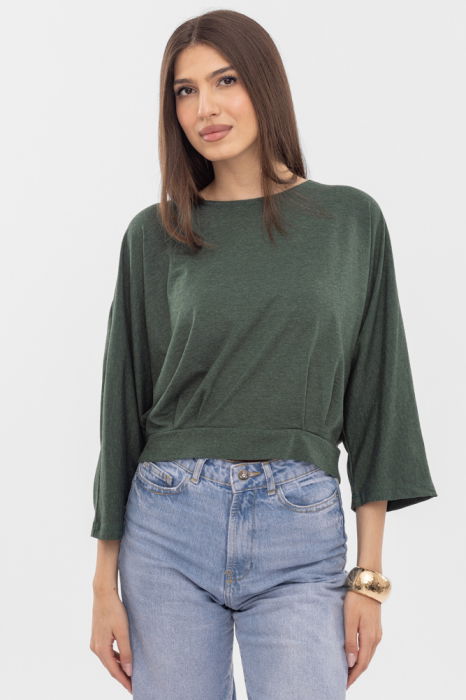 Bluza cu spate petrecut, si maneca fluture, din tricot de bumbac, kaki [2]