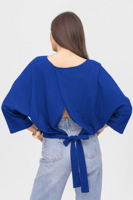 Bluza cu spate petrecut, si maneca fluture, din tricot de bumbac, albastru electric [2]