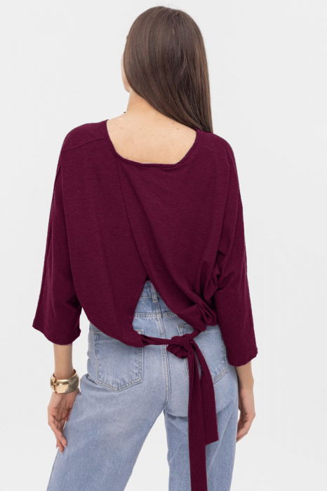 Bluza cu spate petrecut, si maneca fluture, din tricot de bumbac, bordo [3]