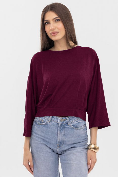Bluza cu spate petrecut, si maneca fluture, din tricot de bumbac, bordo [2]