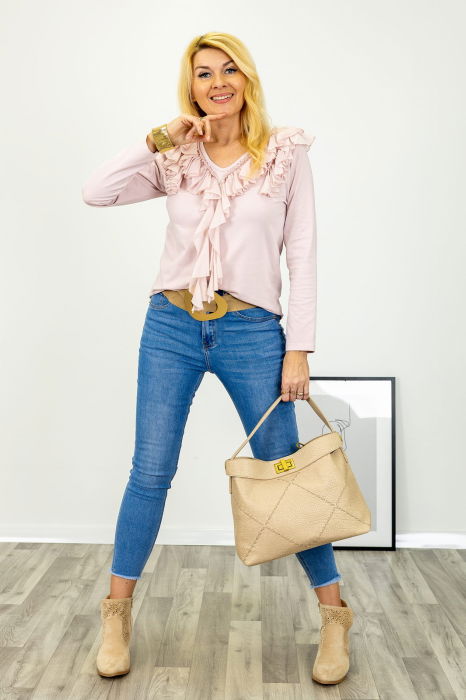 Bluza cu volane la decolteu din bumbac fin si batist roz pudra [3]