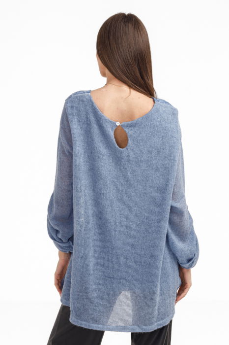 Bluza dama chic, cu croi petrecut din matase, puloveras si detalii dantela, albastru jeans [4]