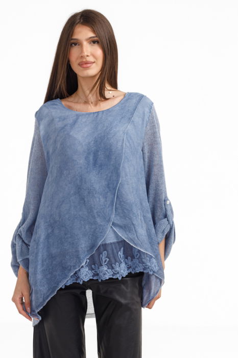 Bluza dama chic, cu croi petrecut din matase, puloveras si detalii dantela, albastru jeans [5]