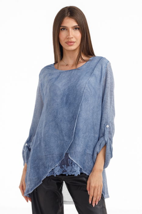 Bluza dama chic, cu croi petrecut din matase, puloveras si detalii dantela, albastru jeans
