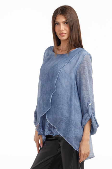 Bluza dama chic, cu croi petrecut din matase, puloveras si detalii dantela, albastru jeans [3]