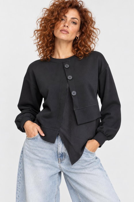 Bluza dama cu design asimetric suprapus si nasturi decorativi, neagra