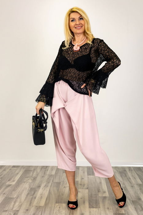 Bluza eleganta din dantela fina cu maneci evazate – bluza transparenta chic neagra [3]