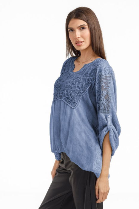 Bluza dama eleganta matase, dantela boho si tricotaj, albastru jeans [2]