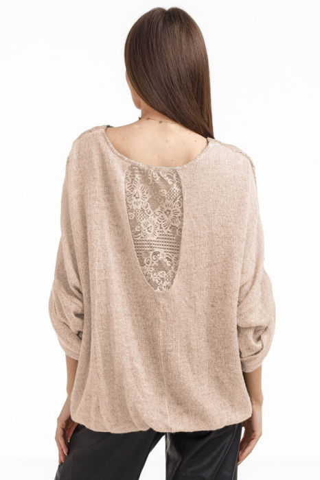 Bluza dama eleganta matase, dantela boho si tricotaj,bej fango [3]