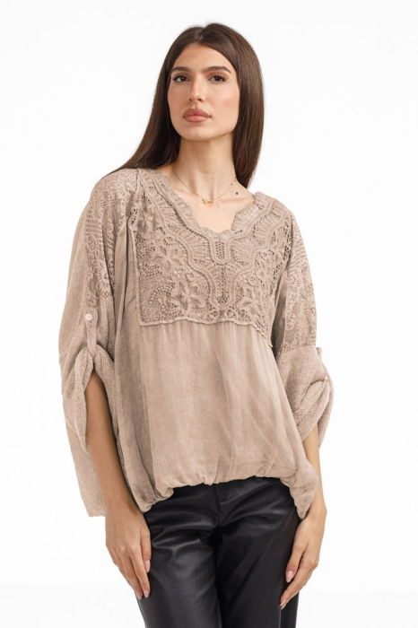 Bluza dama eleganta matase, dantela boho si tricotaj,bej fango