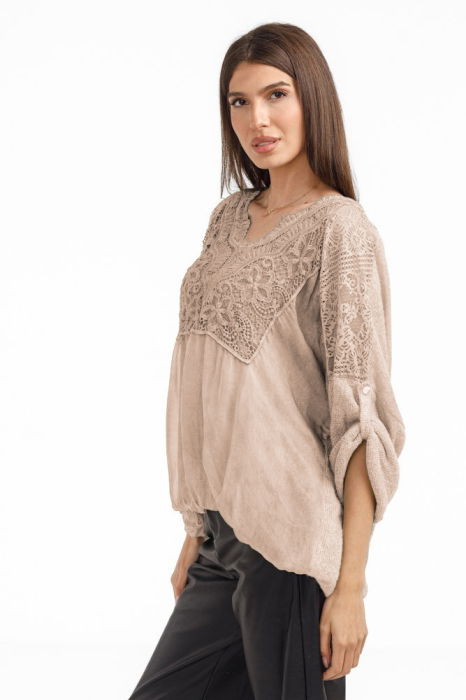 Bluza dama eleganta matase, dantela boho si tricotaj,bej fango [2]