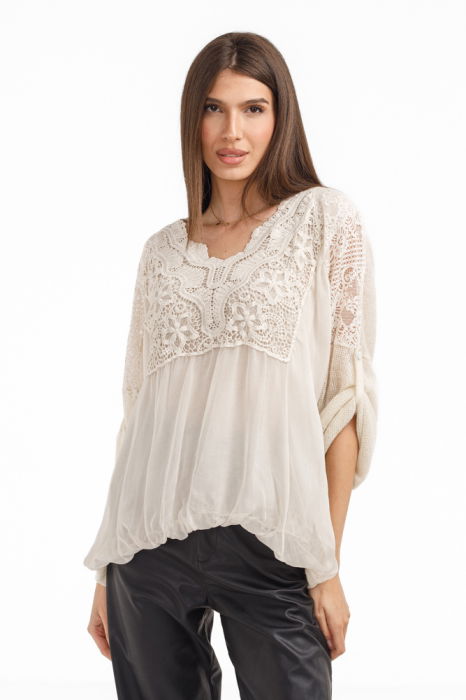 Bluza dama eleganta matase, dantela boho si tricotaj,bej ivoire [3]