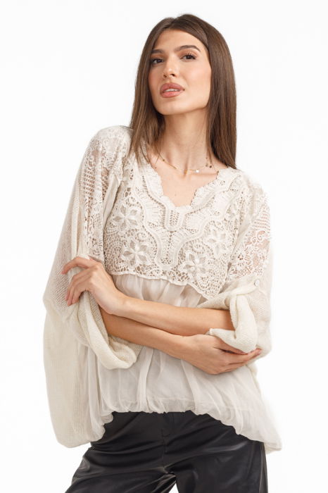 Bluza dama eleganta matase, dantela boho si tricotaj,bej ivoire [2]