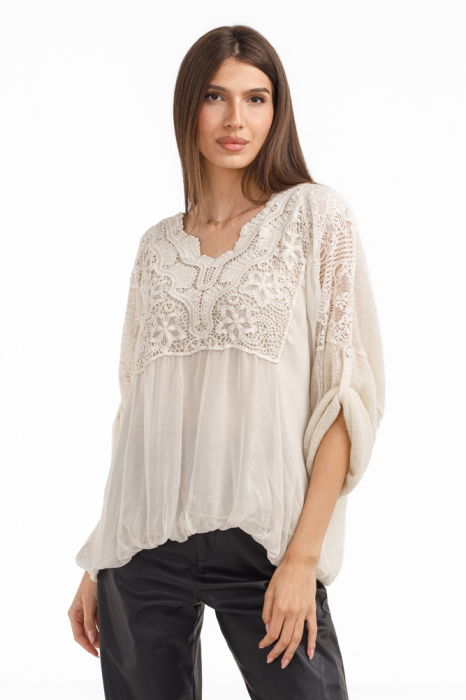 Bluza dama eleganta matase, dantela boho si tricotaj,bej ivoire