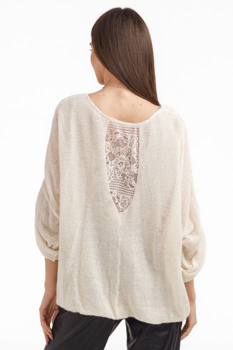 Bluza dama eleganta matase, dantela boho si tricotaj,bej ivoire [4]
