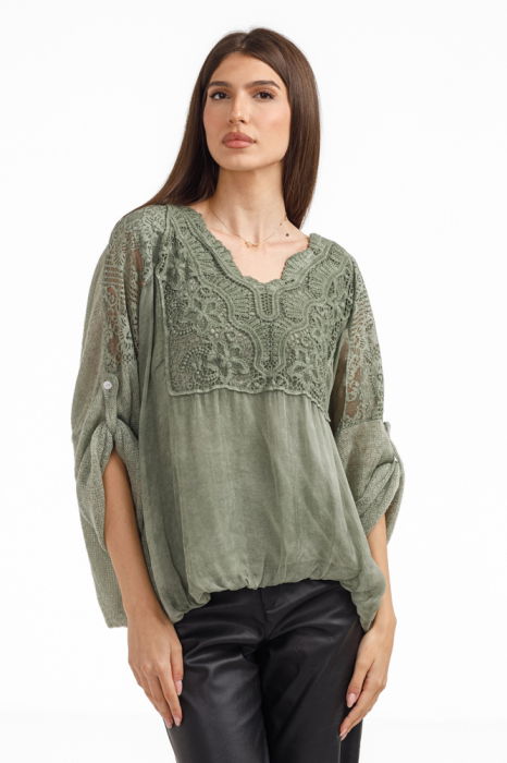 Bluza dama eleganta matase, dantela boho si tricotaj, kaki