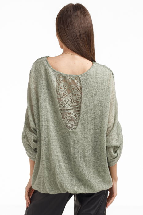 Bluza dama eleganta matase, dantela boho si tricotaj, kaki [4]