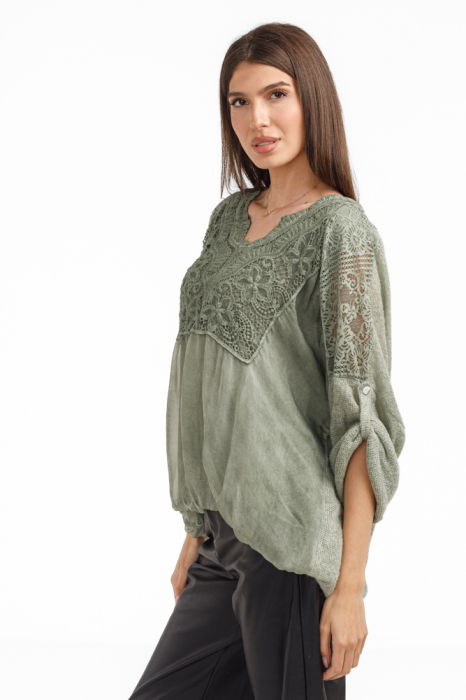 Bluza dama eleganta matase, dantela boho si tricotaj, kaki [3]