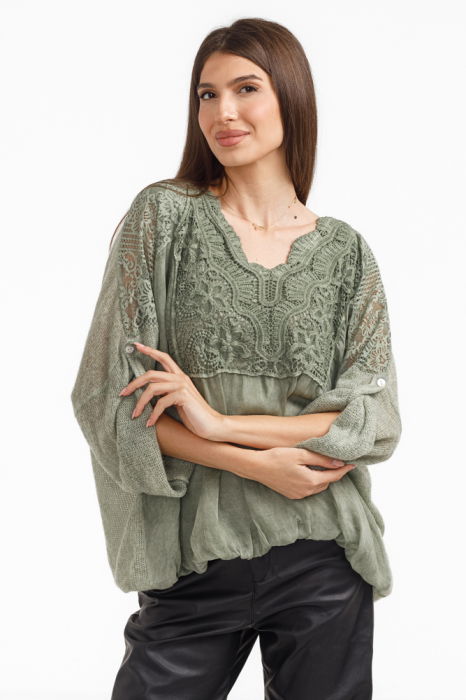 Bluza dama eleganta matase, dantela boho si tricotaj, kaki [2]